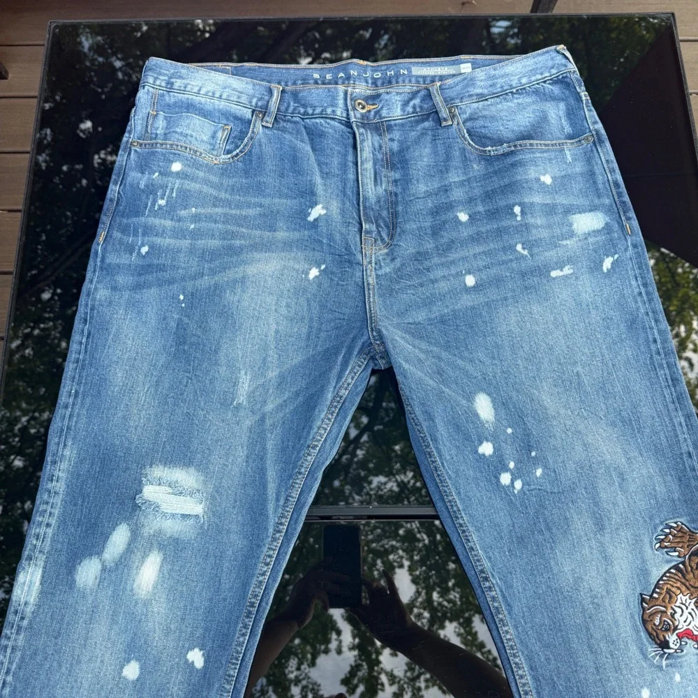 Sean John Mens 40 Tapered Stretch Jeans Tiger Embroidery Paint Splatter